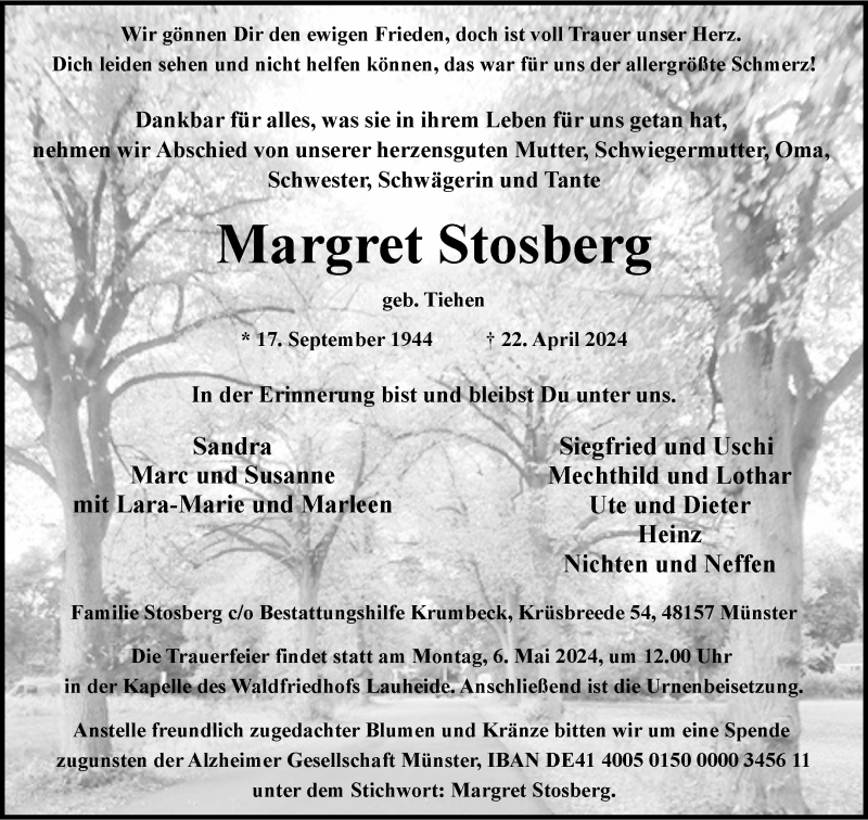  Traueranzeige für Margret Stosberg vom 01.05.2024 aus 