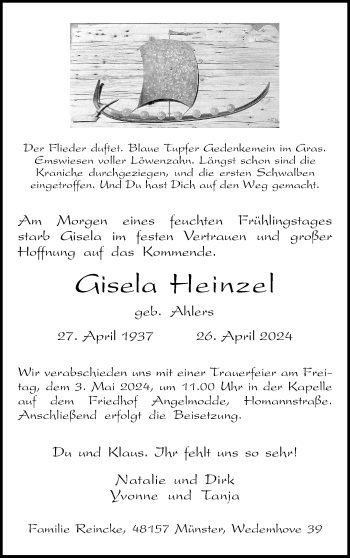 Anzeige von Gisela Heinzel 