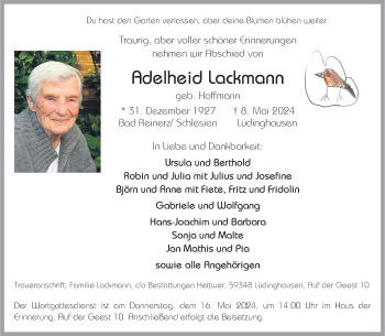 Anzeige von Adelheid Lackmann 