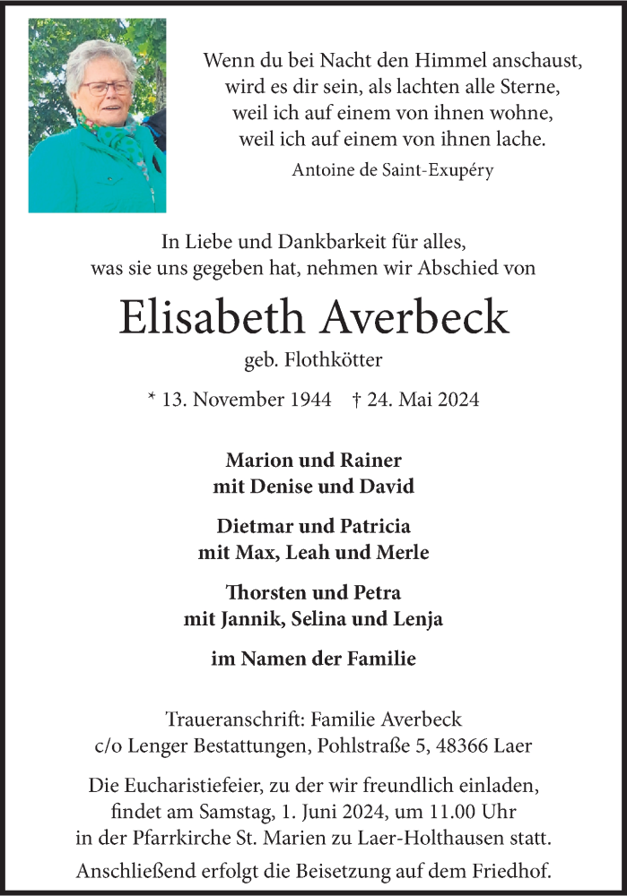  Traueranzeige für Elisabeth Averbeck vom 29.05.2024 aus 
