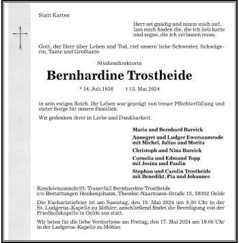 Anzeige von Bernhardine Trostheide 