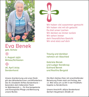 Anzeige von Eva Benek 
