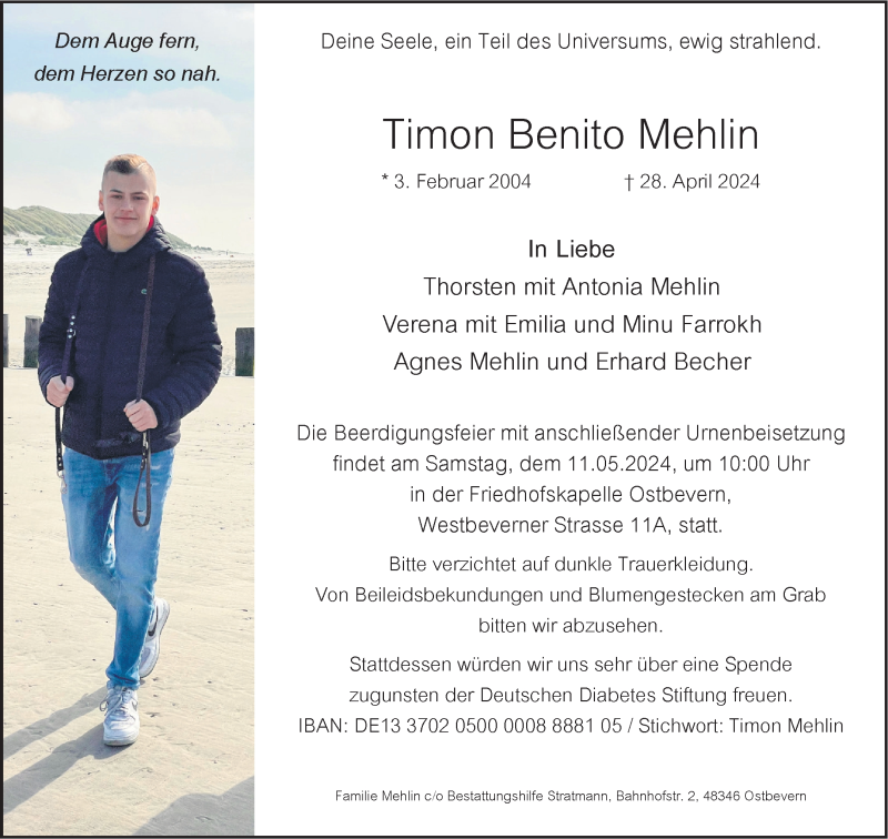 Traueranzeige für Timon Benito Mehlin vom 04.05.2024 aus 