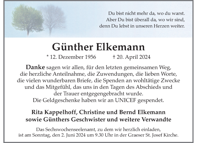  Traueranzeige für Günther Elkemann vom 29.05.2024 aus 