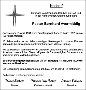 Anzeige von Bernhard Avermiddig 