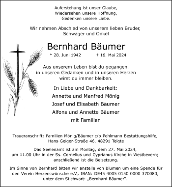 Anzeige von Bernhard Bäumer 