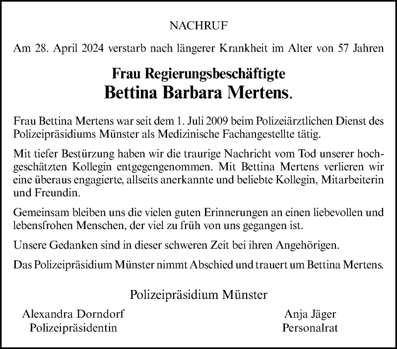 Traueranzeige für Bettina Barbara Mertens vom 16.05.2024 aus 
