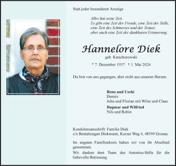 Anzeige von Hannelore Diek 