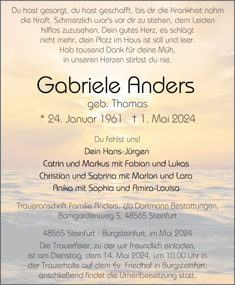  Traueranzeige für Gabriele Anders vom 04.05.2024 aus 