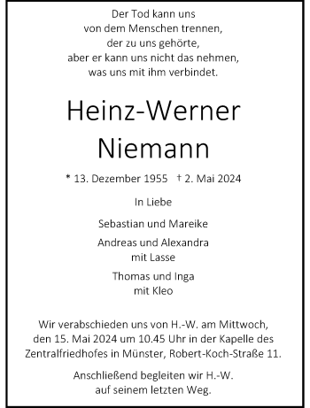 Anzeige von Heinz-Werner Niemann 