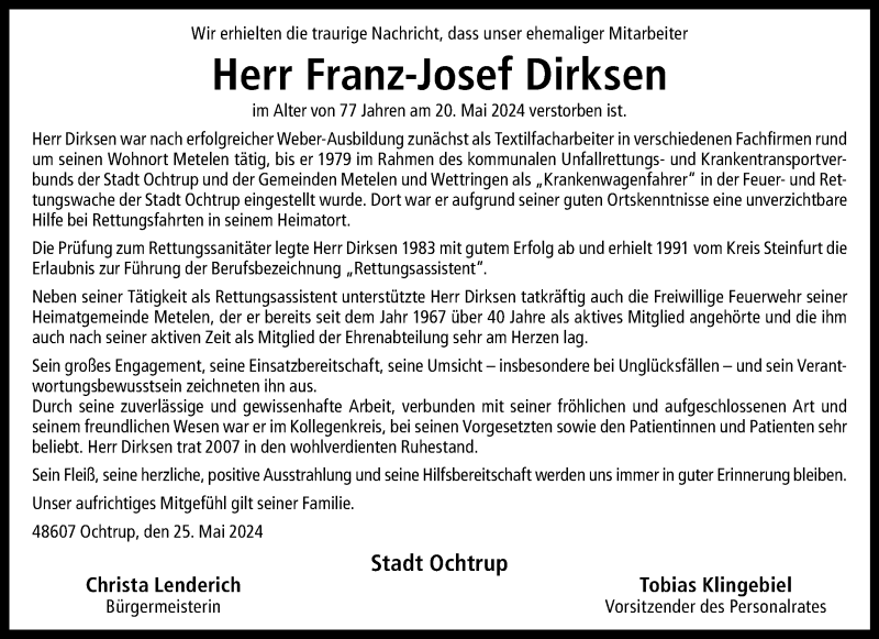  Traueranzeige für Franz-Josef Dirksen vom 25.05.2024 aus 
