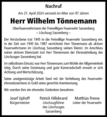 Anzeige von Wilhelm Tönnemann 