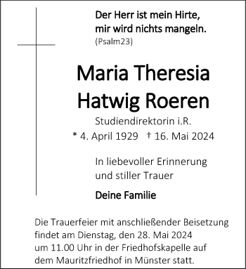 Anzeige von Maria Theresia Hatwig Roeren 