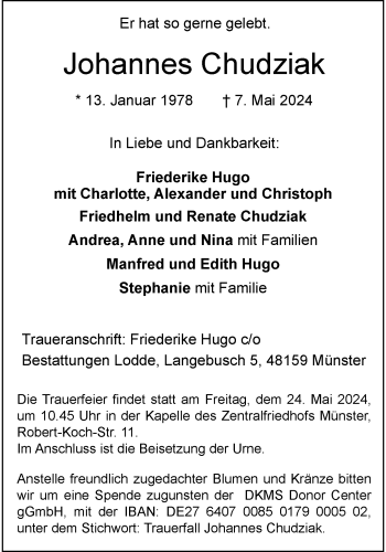 Anzeige von Johannes Chudziak 
