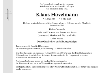 Anzeige von Klaus Hövelmann 