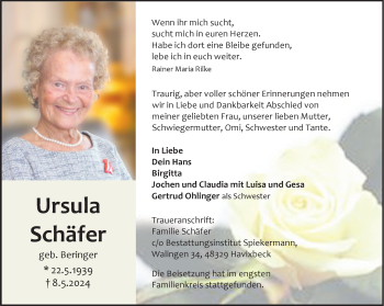 Anzeige von Ursula Schäfer 
