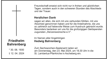 Anzeige von Friedhelm Bahrenberg 