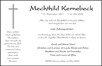 Anzeige von Mechthild Kernebeck 