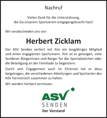 Anzeige von Herbert Zicklam 