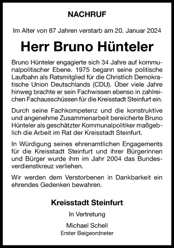Anzeige von Bruno Hünteler 