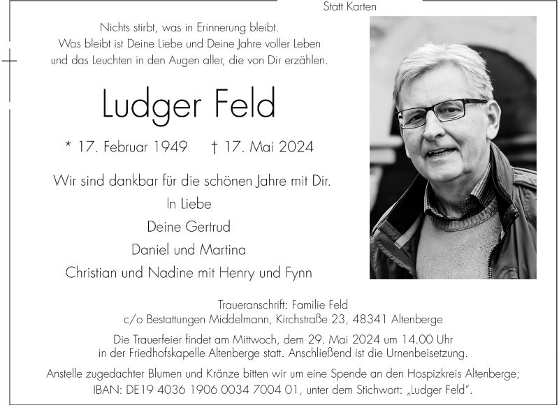  Traueranzeige für Ludger Feld vom 25.05.2024 aus 