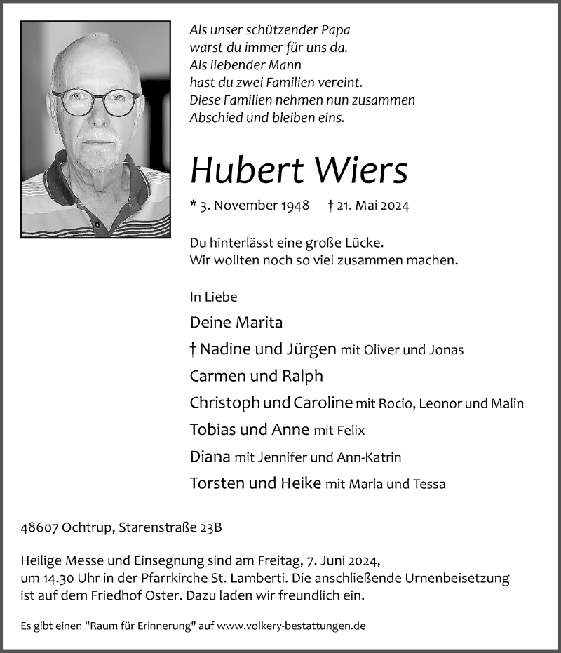  Traueranzeige für Hubert Wiers vom 25.05.2024 aus 