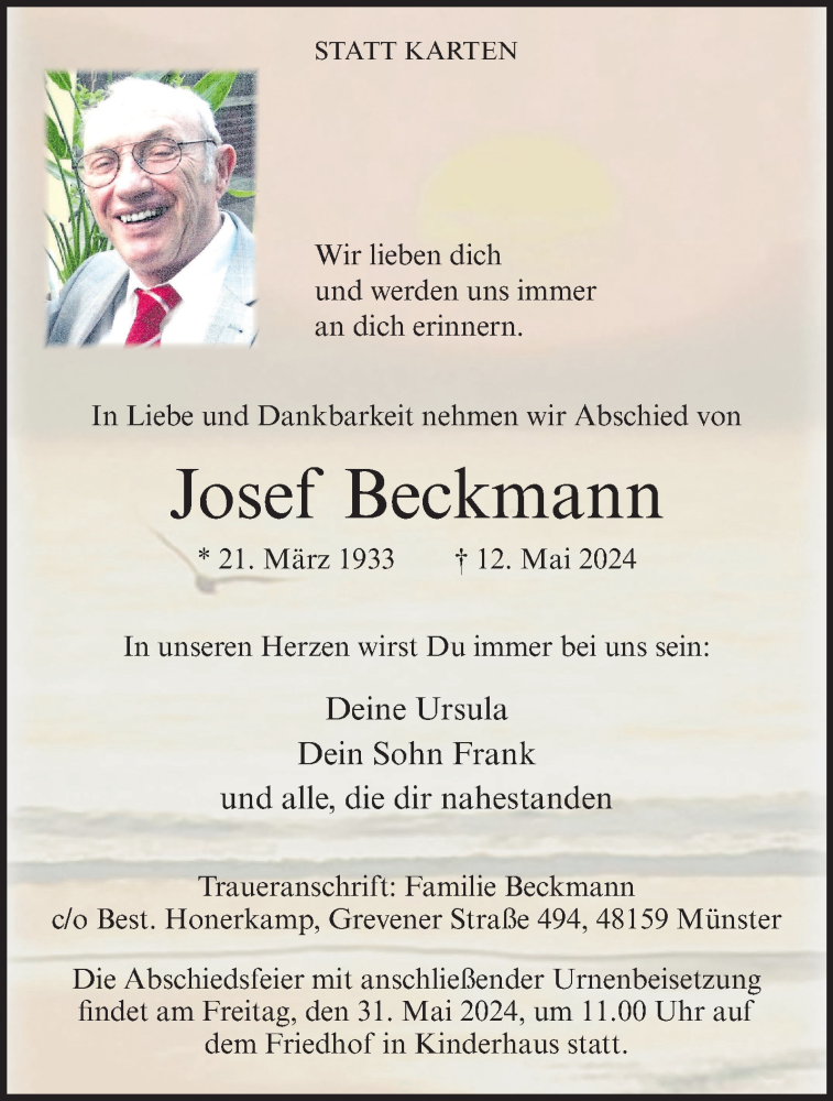  Traueranzeige für Josef Beckmann vom 29.05.2024 aus 