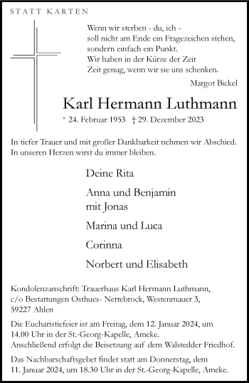 Anzeige von Karl Hermann Luthmann 