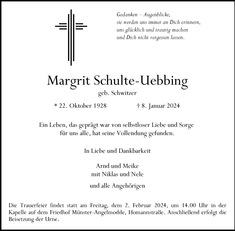  Traueranzeige für Margrit Schulte-Uebbing vom 27.01.2024 aus 