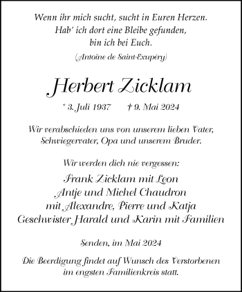 Anzeige von Herbert Zicklam 