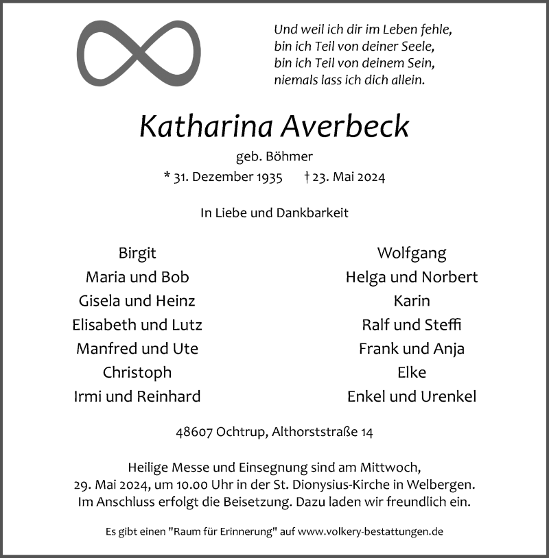  Traueranzeige für Katharina Averbeck vom 27.05.2024 aus 