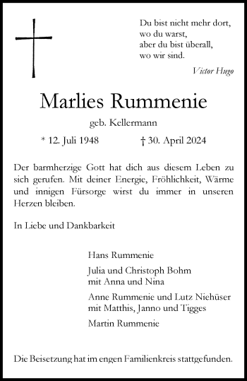 Anzeige von Marlies Rummenie 