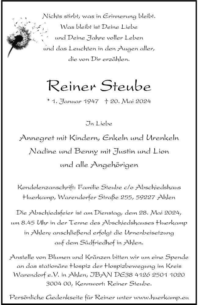 Traueranzeige für Reiner Steube vom 25.05.2024 aus 
