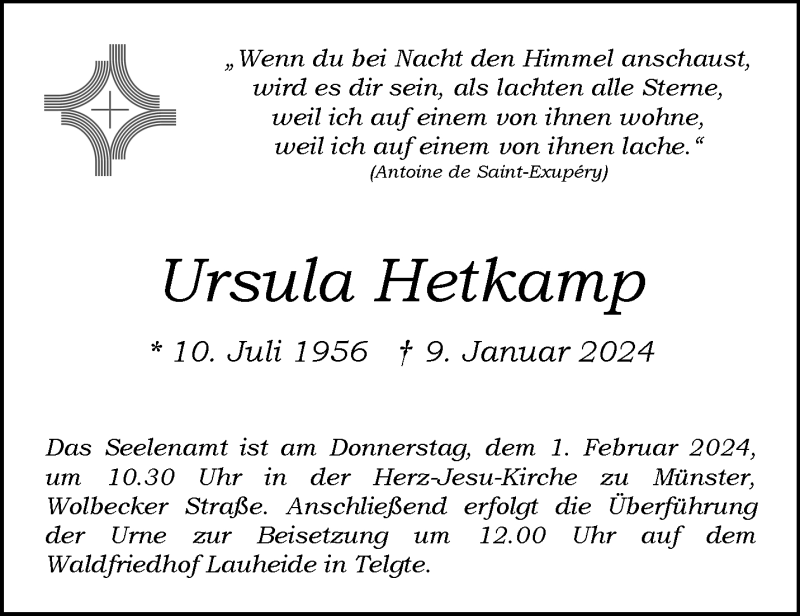  Traueranzeige für Ursula Hetkamp vom 27.01.2024 aus 