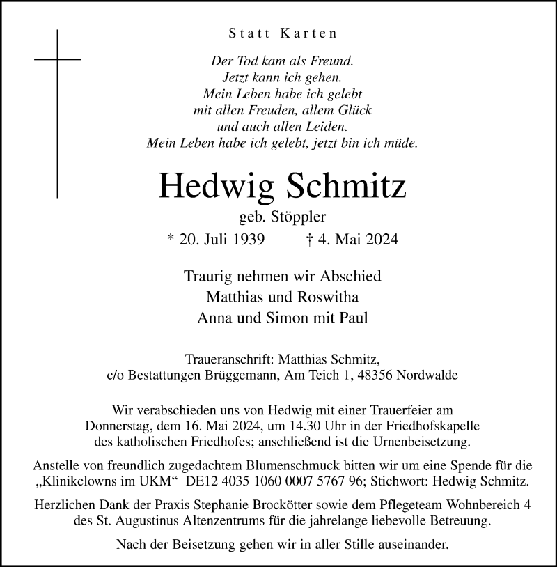  Traueranzeige für Hedwi Schmitz vom 11.05.2024 aus 
