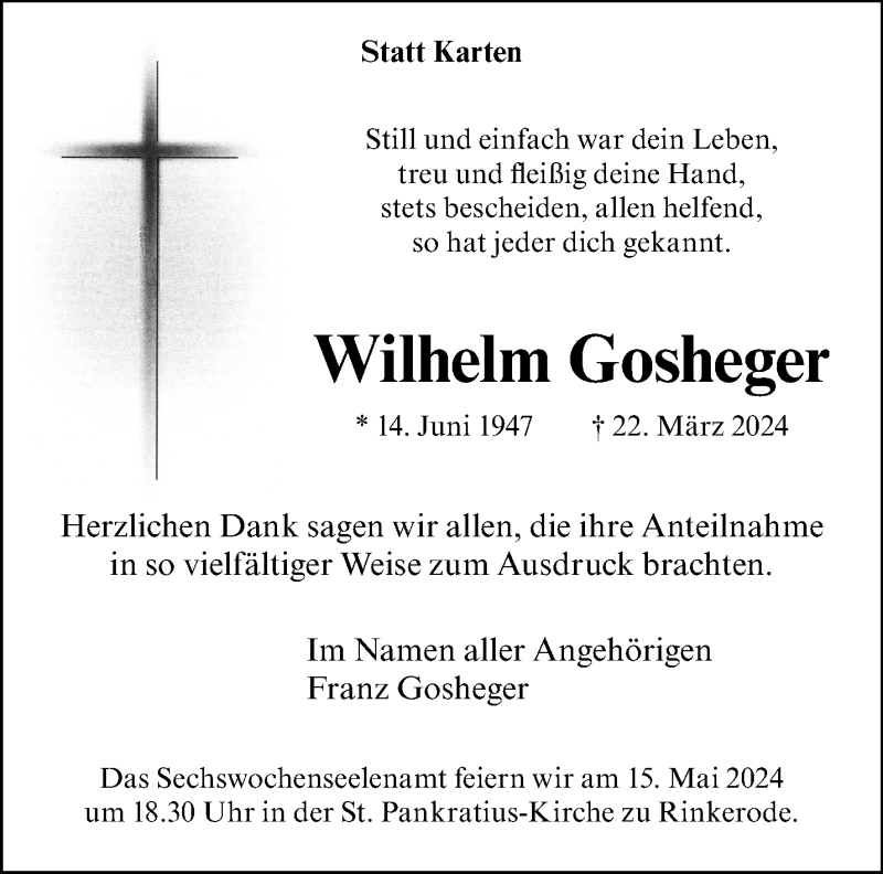  Traueranzeige für Wilhelm Gosheger vom 11.05.2024 aus 