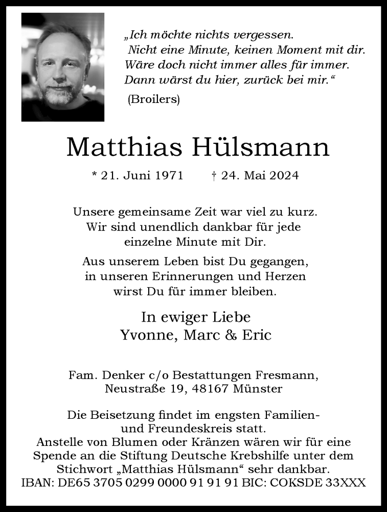  Traueranzeige für Matthias Hülsmann vom 01.06.2024 aus 
