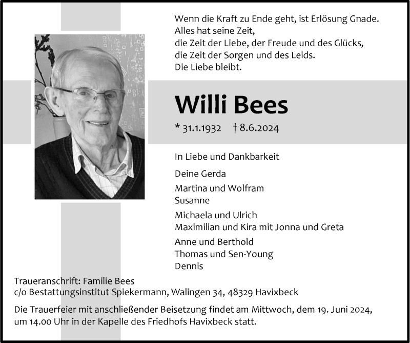  Traueranzeige für Willi Bees vom 15.06.2024 aus 