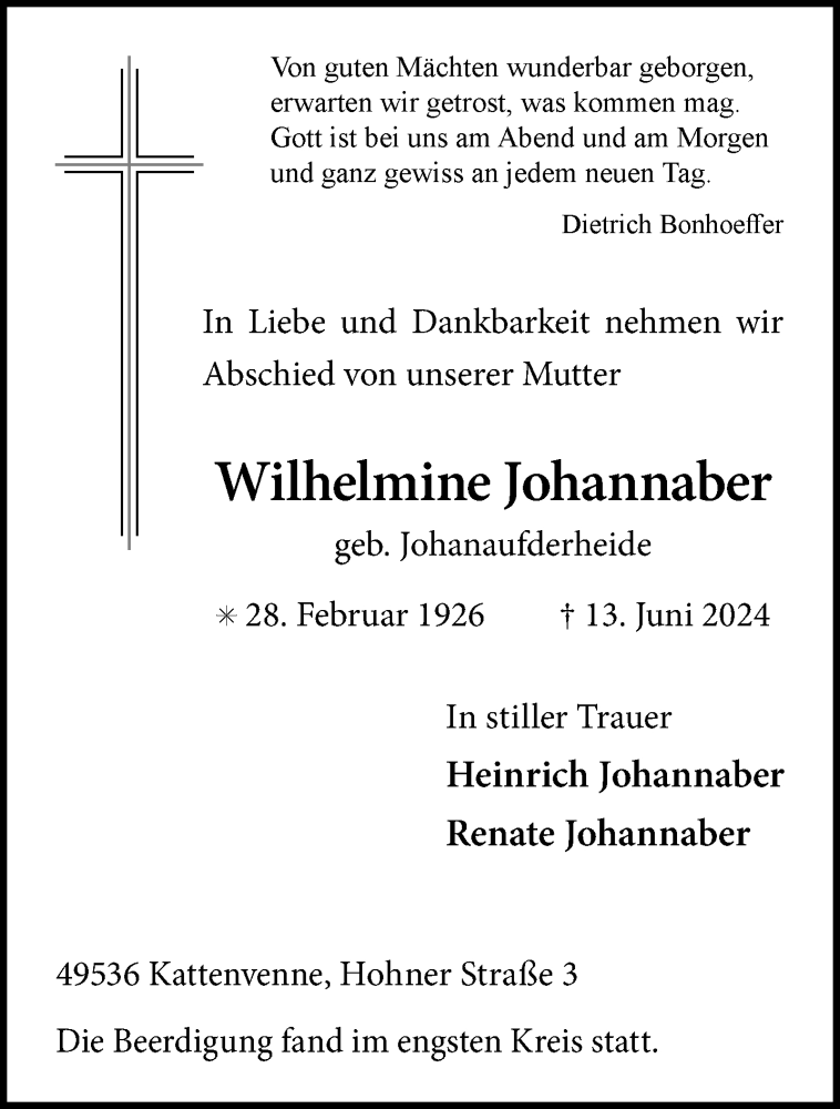  Traueranzeige für Wilhelmine Johannaber vom 20.06.2024 aus 