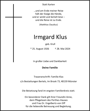 Anzeige von Irmgard Klus 
