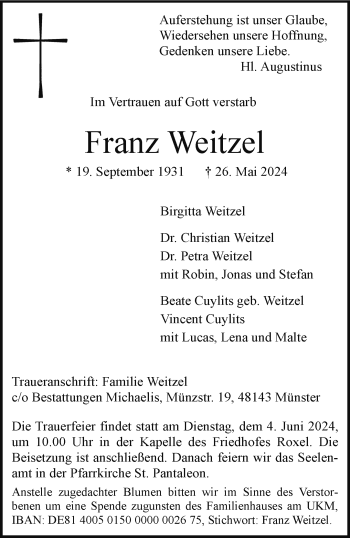 Anzeige von Franz Weitzel 