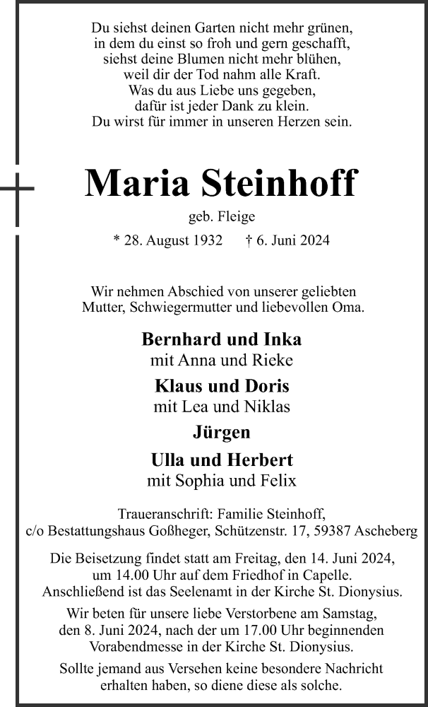  Traueranzeige für Maria Steinhoff vom 08.06.2024 aus 