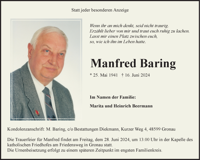  Traueranzeige für Manfred Baring vom 22.06.2024 aus 