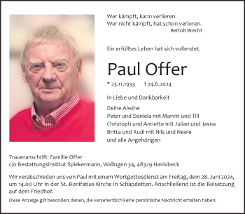 Anzeige von Paul Offer 