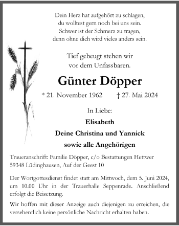 Anzeige von Günter Döpper 