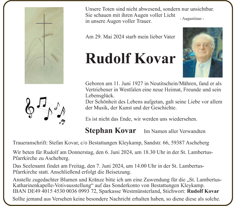  Traueranzeige für Rudolf Kovar vom 05.06.2024 aus 