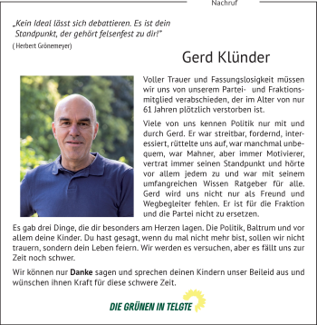 Anzeige von Gerd Klünder 