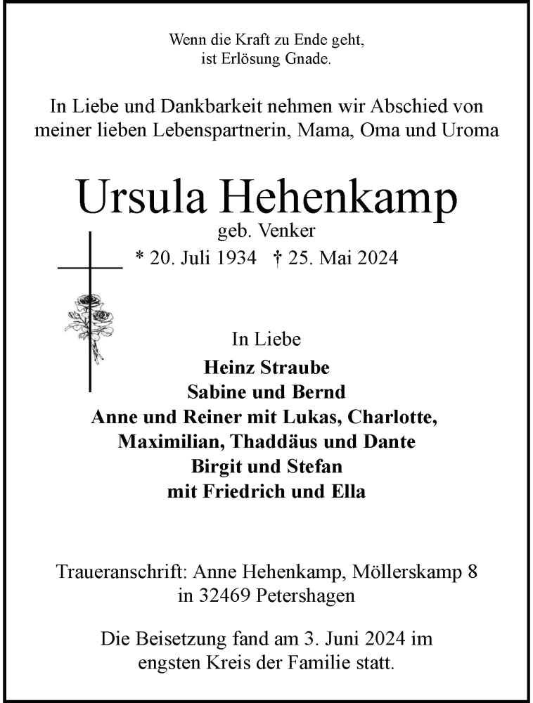  Traueranzeige für Ursula Hehenkamp vom 08.06.2024 aus 