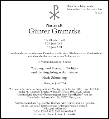 Anzeige von Günter Gramatke 