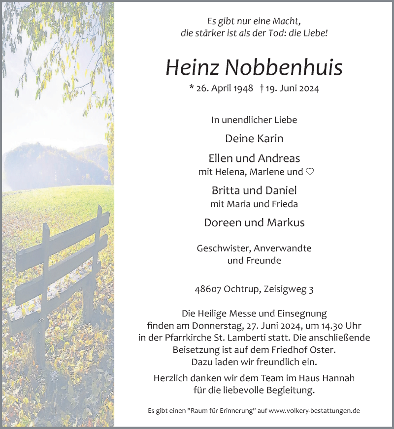  Traueranzeige für Heinz Nobbenhuis vom 24.06.2024 aus 
